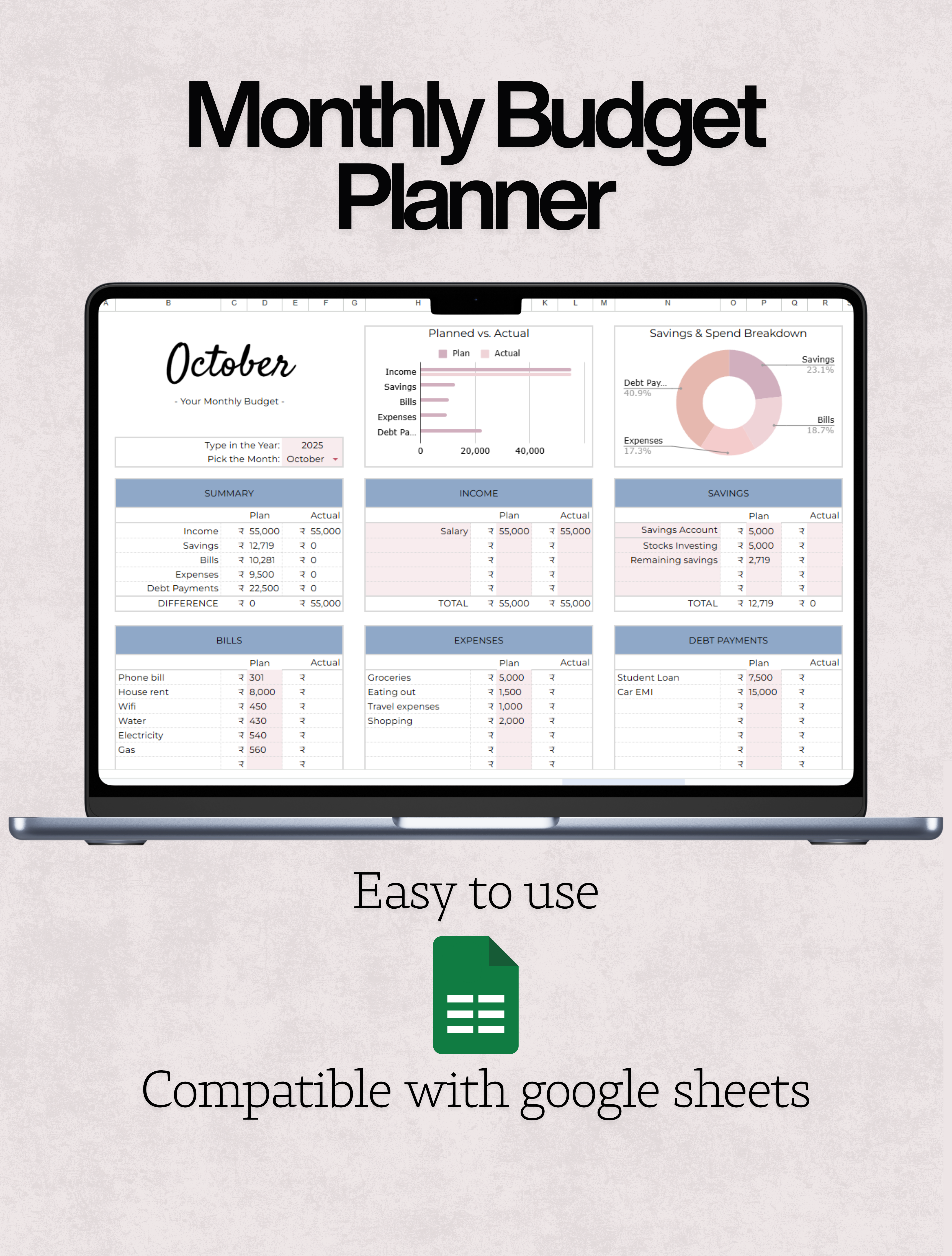 Monthly Budget Planning Template Excel & Google sheets